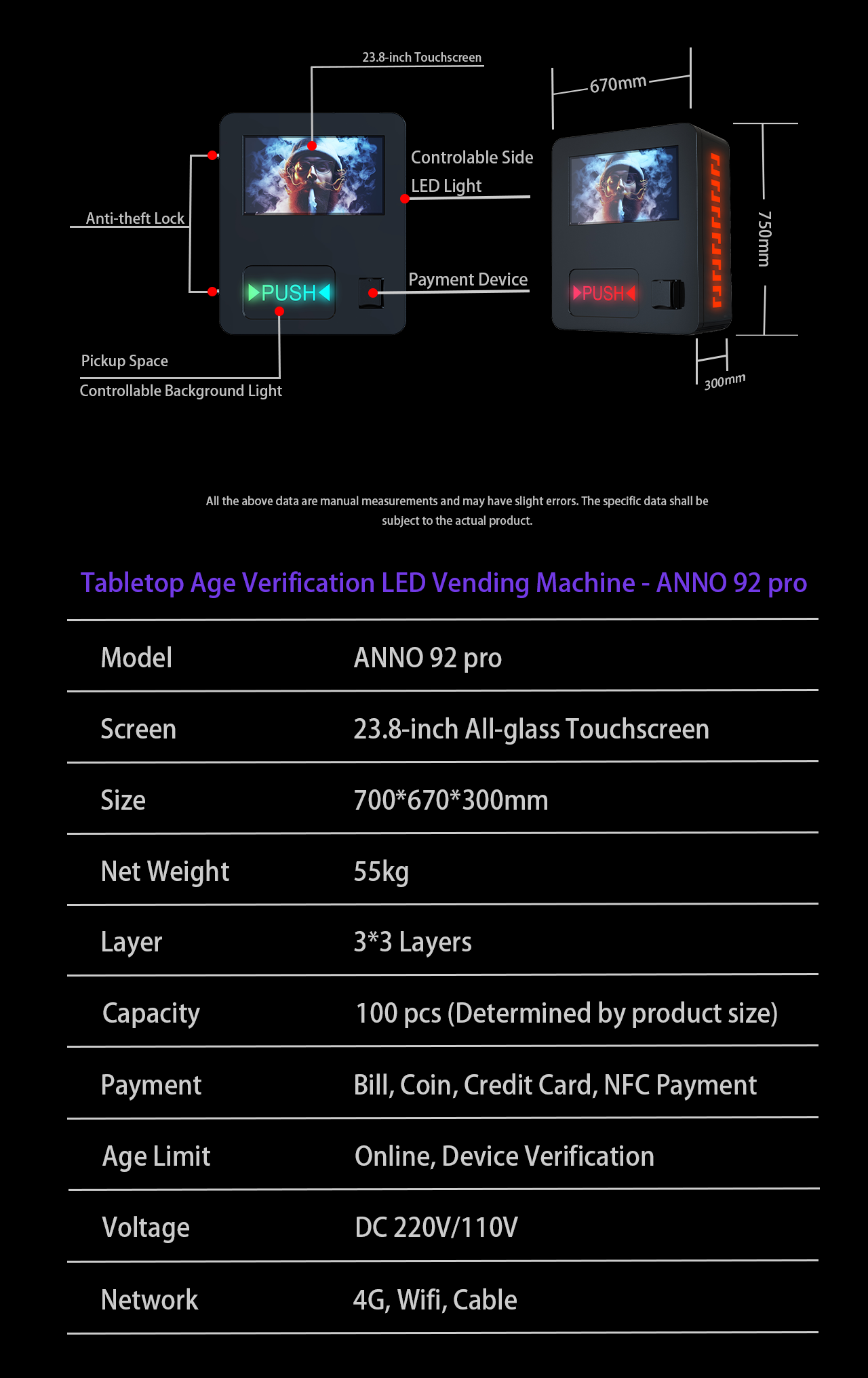 Tabletop Full Side LED Age Verification Vending Machine - ANNO 92 Plus - Parameter